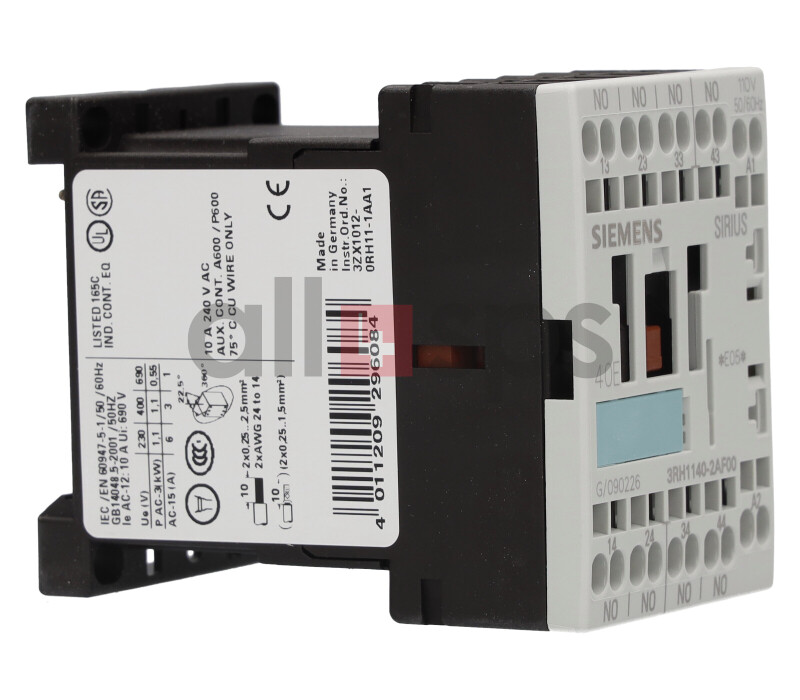 Diode Integrated Cage Clamp Connection Size S00 Siemens 3RH11 22-2JB40 Coupling Relay 2 NO 2 NC Contacts 22 E Identification Number 35mm Standard Mounting Rail 24VDC Rated Control Supply Voltage 3RH11222JB40 