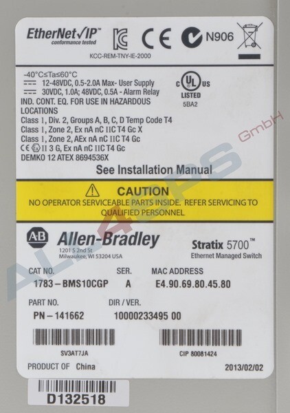 ALLEN BRADLEY STRATIX 5700 ETHERNET MODULE, 1783-BMS10CGP