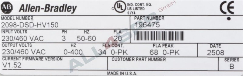 ALLEN BRADLEY DIGITAL SERVO DRIVE, 2098-DSD-HV150, 196475