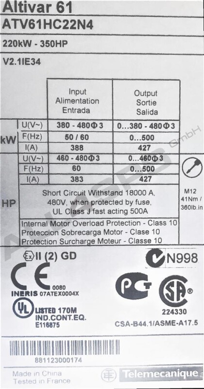 SCHNEIDER ELECTRIC ALTIVAR 61 FREQUENZUMRICHTER, 220KW, ATV61HC22N4