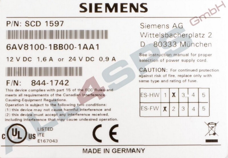 SIEMENS SCD 1597-ET LCD-MONITOR 15, 6AV8100-1BB00-1AA1